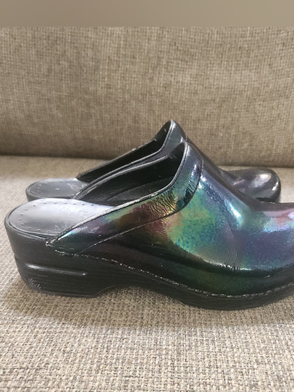 Dansko Iridescent Black Multi-Color Patent Leather Clogs